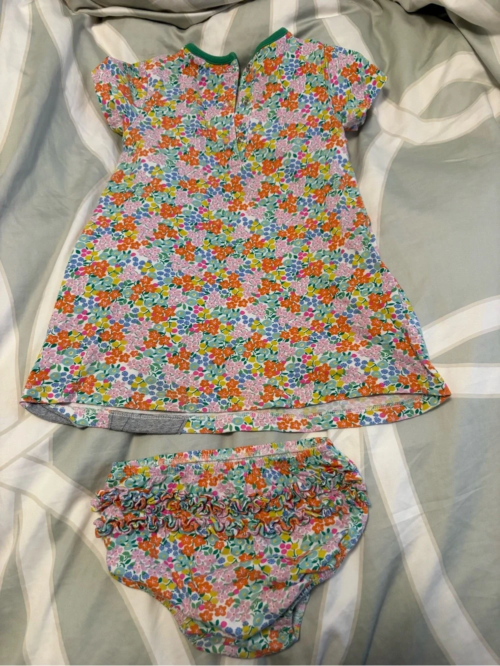Baby Boden Floral Dress & Bloomers with Elephant Appliqué Green Petal Collar